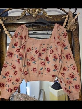 Rose-Print Square Neck Pink Knit Sweater